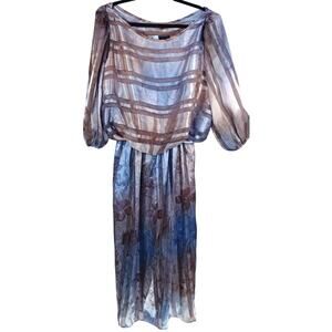 Jamie Brooke Vintage 80s Floral Blouson Midi Dress 16.5 Beige Bronze Iridescent